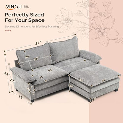 VINGLI 221cm(87인치) 컨버터블 섹션 소파, 거실용 L자형 딥 시트 소파 소파, 작은 공간을 위한 오토만 포함 모던 2인용 2인용 소파 (라이트 그레이) - color: 셔닐 라이트 그레이, size: 2-seaters-1-Ottoman