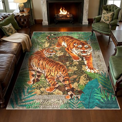 AooHHooA Tiger Area Rug 5x7, Tiger Rugs for Living Room Green | Large Modern Low Pile Animal Print Rug with Non-Slip Backing, Washable Lightweight Area Rug Carpet for Bedroom Home Decor - color: Tiger-1, size: 5' x 7' (Rectangular)