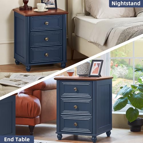 RWYHG 18" Night Stand with 3 Drawers, Farmhouse Modern Nightstand | Blue Farmhouse Modern Bedside Table, Open Storage Shelf, Solid Wood Legs, Bed Side End Tables for Bedroom Living Room - color: Navy Blue, style: 3 Drawers
