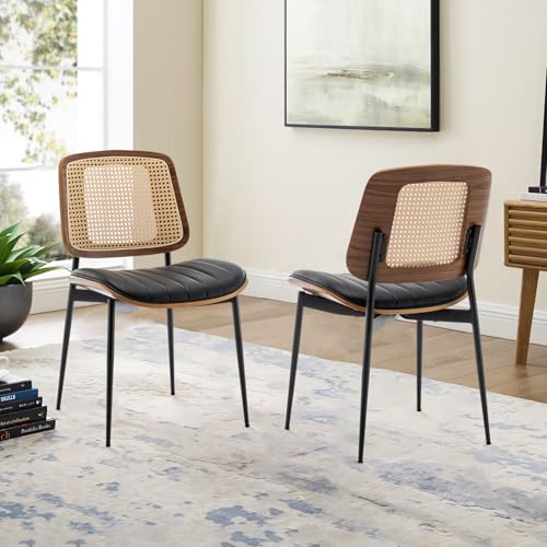 LUNLING Dining Chairs Set of 4 Mid Century Modern Retro Faux Leather Kitchen Chair with Walnut Bentwood Upholstered Seat Metal Legs Adjustable Foot for Kitchen Dining Room Chairs(Black-Rattan Back) - color: Black2, size: Set of 4