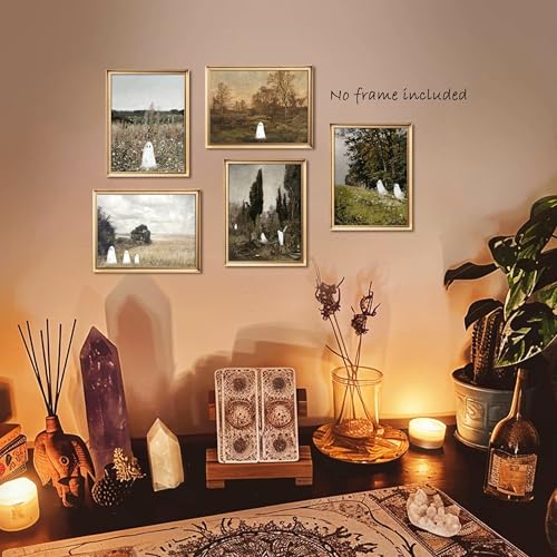 Vintage Halloween Ghost Canvas Wall Art Posters Prints Set of 5 – Unframed Cute Ghost in Nature Paintings Wall Decor, Rustic Halloween Aesthetic for Living Room Bedroom Decor 8x10 inch - color: Halloween 5-Pack, size: 10L" x 8W"