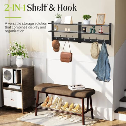 2 Tier Coat Rack Wall Mount with Shelf, 33" Wall Shelf with Hooks, Entryway Key Holder for Wall with 8 Heavy Duty Double Hooks, Coat Hook Wall Mounted for Bedroom, Living Room, Black - color: Black-2 Pack