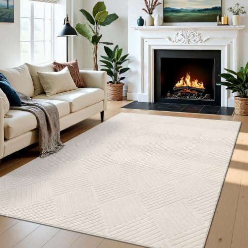 5x7 Living Room Area Rug, Beige Soft Geometric Fluffy Bedroom Mat | Washable Modern Indoor Floor Mat, Non Slip Shaggy Boho Accent Throw Carpet for Office, Dorm, Nursery and Dining Room - size: 5' x 7' (Rectangular)