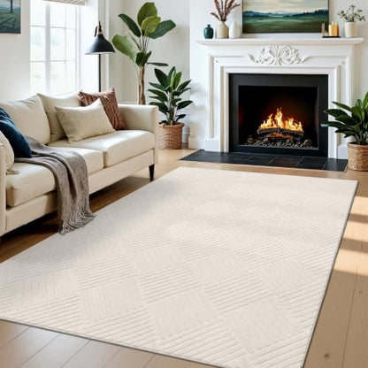 5x7 Living Room Area Rug, Beige Soft Geometric Fluffy Bedroom Mat | Washable Modern Indoor Floor Mat, Non Slip Shaggy Boho Accent Throw Carpet for Office, Dorm, Nursery and Dining Room - size: 5' x 7' (Rectangular)