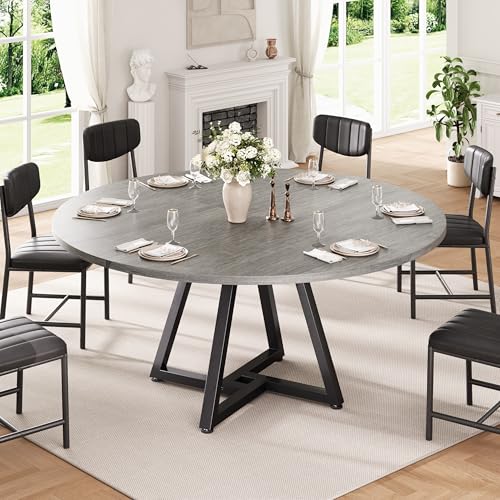 Jocoevol 51“ Round Kitchen Dining Room Table for 6-8, Circle Dining Dinner Table with Pedestal Metal Frame, Space Saving Wood Industrial Furniture for Small Space (Grey, 51In) - color: Grey