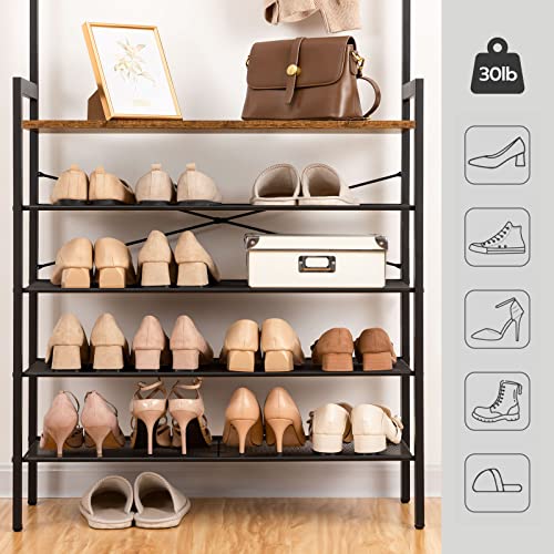 HOOBRO Hall Tree with Bench, Coat Rack with Shoe Storage, Shoe and Coat Rack, 5-Tier Entryway Shoe Storage, 5 Hooks, for 12-16 Pairs, Industrial, Hallway, Foyer, Mudroom, Rustic Brown BF74MT01