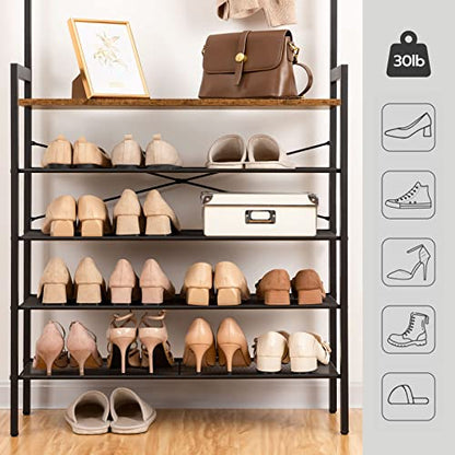 HOOBRO Hall Tree with Bench, Coat Rack with Shoe Storage, Shoe and Coat Rack, 5-Tier Entryway Shoe Storage, 5 Hooks, for 12-16 Pairs, Industrial, Hallway, Foyer, Mudroom, Rustic Brown BF74MT01