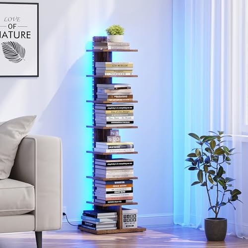 TUTOTAK Book Shelf, Narrow Spine Bookshelf, 8-Tier Bookcase with LED Lights | 10.4 x 13.4 x 47.5 Inches Vertical Freestanding Corner Shelf for Living Room, Office, Small Space, Brown BS06BB008L - color: Brown（led Ligths）