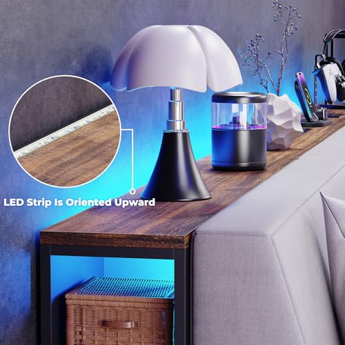 BROTTAR 79" Long Behind Couch Table with LED Lights and Power Outlet, Brown | Industrial Behind Sofa Table with Bookcase & Human Body Sensor, Skinny Console Table with Storage for Living Room