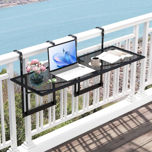 Tangkula Balcony Railing Table, 48" Outdoor Space-Saving Folding Hanging Table with 5-Level Adjustable Height, Metal Frame, Fits Railings Up to 1.5"-3.5" Thick for Patio, Porch, Deck - size: 48" x 16" x 23.5"-31"