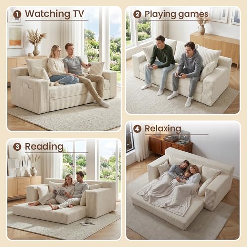 Boneless Couches 70 inch: 3-in-1 Convertible Sofa Bed Futon Couch Bed, Oversized Loveseat Sleeper Sofa with 5 Pillows, Beige Couch for Living Room, Bedroom & Small Space - color: Beige, size: 70 Inch