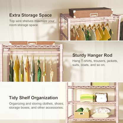 E1 Heavy Duty Closet Garment Rack, 6 Tiers Expandable Clothing Storage | Pink Adjustable Metal Freestanding Clothes Rack with 4 Hanger Rods, Easy-to-Assemble Wardrobe - color: Pink