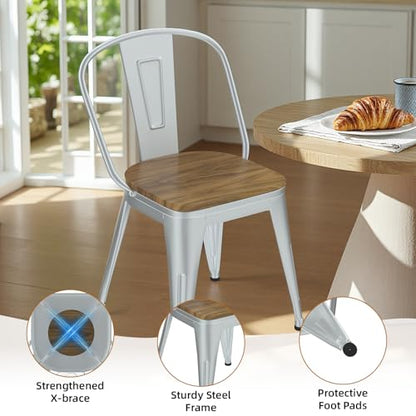 18 Inch Dining Chairs Set of 4, Farmhouse Metal Chairs with High Back and Wooden Seat, Stackable Industrial Bar stools for Dining Room(Silver) - color: Silver