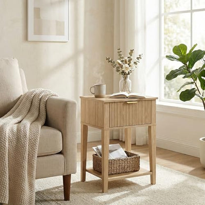 FuniXpress Small Nightstand, 15" Wide, Drawer and Shelf, Natural Oak Fluted | Light oak tone, clean fluted front, 11.8-inch slim depth, smart storage, fits bedside, sofa side, or small spaces - color: Natural Oak