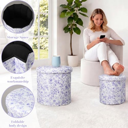 Geetery 2 Pcs Dorm Ottoman with Storage Set Blue Floral Ottoman | Vanity Stool with Storage for Bedroom Coffee Table Small Coquette Foot Stool for Girls Living Room College Dorm Essentials - style: Blue and White Flowers Pattern