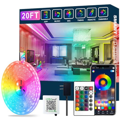 Led Strip Lights,20ft Led Light Strips Music Sync Color Changing RGB Led Strip Built-in Mic,Bluetooth App Control LED Rope Lights with Remote,5050 RGB Led Lights for Bedroom,Home,TV,Party,Christmas - size: 20FT