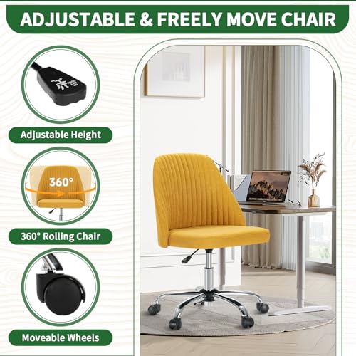 Armless Desk Chair with Comfortable Fabric Cover,Modern Home Office Chairs with Swivel Wheels for Computer Task Chairs Cute Vanity Chairs Adjustable Height for Living Room,Bed Room,Conference Office - color: Yellow