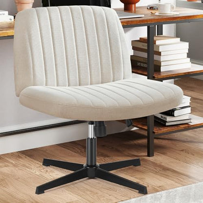 Sweetcrispy Criss Cross Chair, Armless Office Desk Chair | Height Adjustable, Wide Seat, Cute Comfy Fabric, Task Seating, No Wheels, Home Bedroom Vanity, Beige