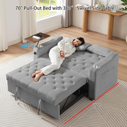 3-in-1 Convertible Sleeper Sofa Bed, Pullout Couch with 360° Swivel Side Table, Modern Chenille Fabric, Easy to Assemble, Folding Loveseat Sofa Bed for Living Room & Guest Room - color: Grey Sofa Bed