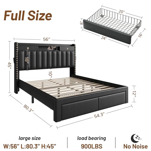 CypBed Full Size Bed Frame with Headboard & 2 Storage Drawers &Black | Upholstered Platform Bed Frame with 3 USB & Type-C Charging Ports, Solid Wood Slats, No Box Spring Needed, No-Noise - color: Black, size: Full