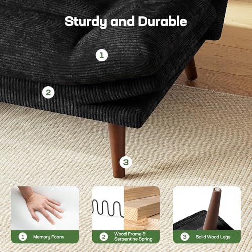 Marsail Futon Sofa Bed, 66” Futon Couch with Adjustable Backrest & Armrests, Convertible Small Sleeper Sofa Bed for Small Apartments, Study Room, Office, Corduroy Loveseat, Black