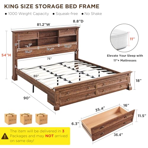 Farmhouse King Size Bed Frame, 2 Drawers & 4 Bookcases On The 54" Headboard | 2 Large Footboard Drawers, Wood Platform Bed Frame with 18" Tall Roman Column, No Box Spring Needed(Reclaimed Barnwood) - color: Reclaimed Barnwood, size: King(U.S.Standard)