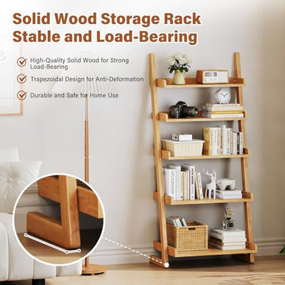 CozyDH Wooden Ladder Shelf,Natural Ladder Bookshelf Narrow 5-Tier,Ladder Shelf Bookcase Storage for Living Room, Bedroom, Home Office,23.6Dx15.7Wx55.1H - color: Natural