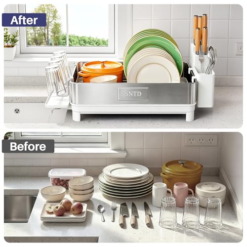 SNTD 304 Stainless Steel Dish Drying Rack for Small Kitchen Counter, White | Rustproof, Large Capacity, Heavy-Duty Frame, Rotating Spout, Angled Drainboard, Removable Cup & Utensil Holder - color: White
