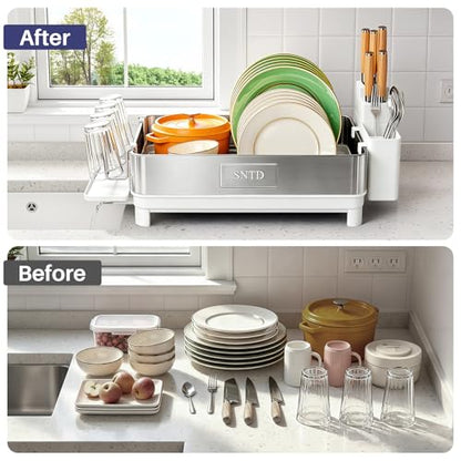 SNTD 304 Stainless Steel Dish Drying Rack for Small Kitchen Counter, White | Rustproof, Large Capacity, Heavy-Duty Frame, Rotating Spout, Angled Drainboard, Removable Cup & Utensil Holder - color: White