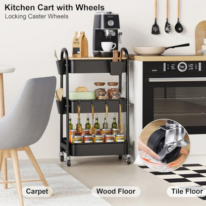 3 Tier Metal Rolling Cart with Wheels and Wooden Table Top, Three Tiered Craft Cart Organizer on Wheels, Black Storage Utility Carts for Art, Diaper Caddy, Baby Nursery, Office, Laundry, Snack, Book - color: Black