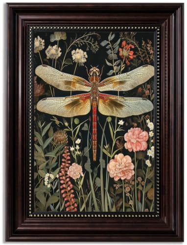 Framed Vintage Dragonfly Canvas Wall Art Pink Floral Insect Wall Decor Pictures Drak Green Cottagecore Botanical Poster Prints for Living Room Bedroom Home Decoration 9x11in - color: Dragonfly, size: 11"L x 9"W