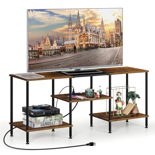 OYEAL Small TV Stand for Bedroom up to 50 inch Farmhouse TV Media Entertainment Center with Power Outlets & Storage Shelf Rustic TV Console Table for Living Room, Rustic Brown - color: Rustic Brown