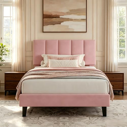 Garvee Twin Size Bed Frame with Upholstered Headboard for Kids, Pink | Fully Velvet Upholstered Mattress Foundation with Height Adjustable Headboard, No Box Spring Needed, Easy Assembly - color: Pink, size: Twin
