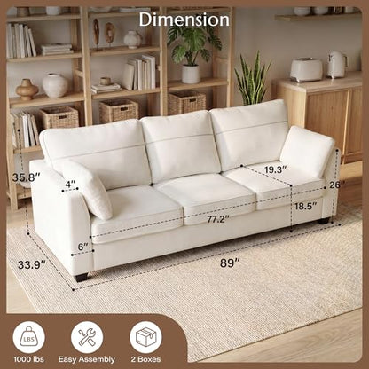 89" Sofa, Chenille 3-Seater Sofa with 2 Pillows, Beige | Easy Assembly, Pocket Spring Cushions, Comfy Modern Small Couch for Living Room, Bedroom, Apartment, Office - color: Beige, size: 89" 3-Seater Sofa
