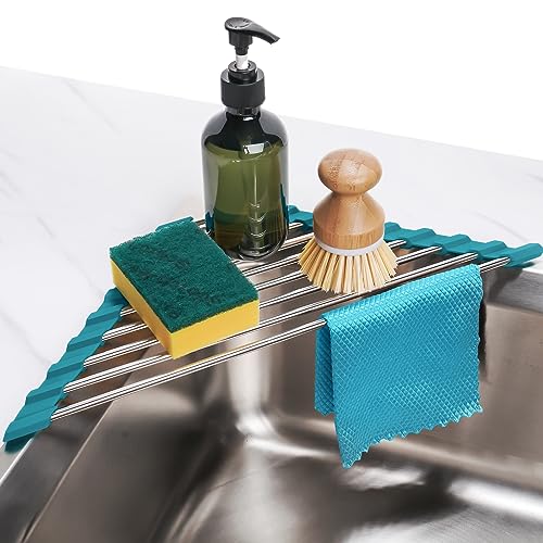 Tomorotec Triangle Roll-Up Dish Drying Rack for Sink Corner Small Foldable Stainless Steel Over The Sink Multipurpose Kitchen Drainer Caddy Organizer Storage Shelf Holder (Dark Green) | BPA-Free Food-Grade Silicone Edges Foldable Waterproof Rustproof Heav
