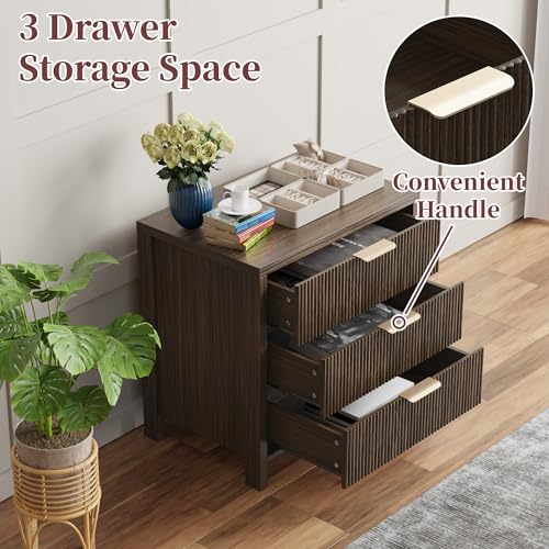 Fluted Nightstand, 23.7'' Wide Night Stand with 3 Drawers, Mid-Century Modern Bedside Table with Handles, Wood End Table for Bedroom, Brown - color: Brown