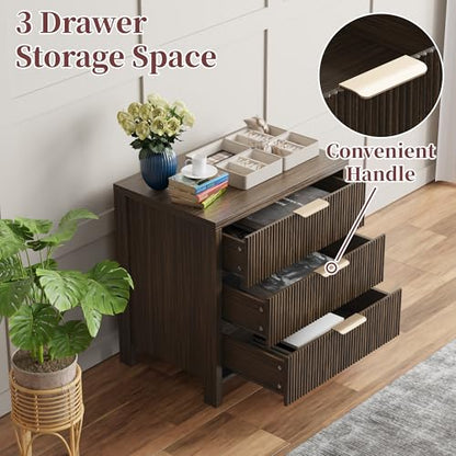 Fluted Nightstand, 23.7'' Wide Night Stand with 3 Drawers, Mid-Century Modern Bedside Table with Handles, Wood End Table for Bedroom, Brown - color: Brown