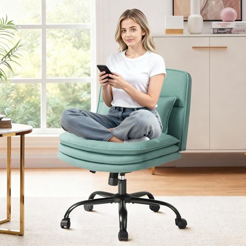Furmax Criss Cross Legged Office Chair with Wheels, Armless Extra Wide Seat Swivel Desk Chair, Adjustable Height Comfy Task Chair with Thick Cushion for Home Office Bedroom Vanity (Fabric, Green) - color: Green