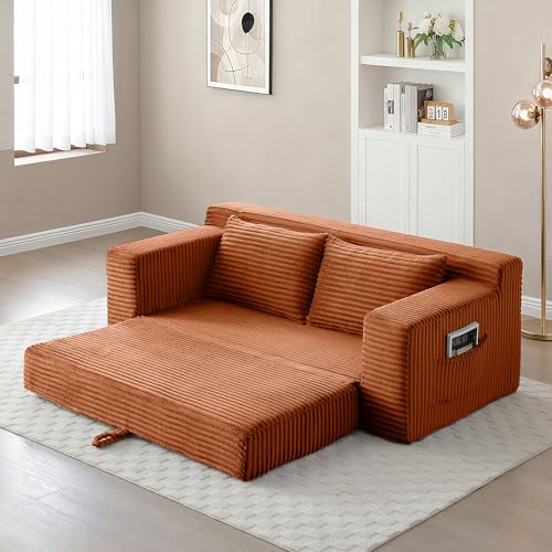 73" Corduroy Cloud Loveseat Sofa, 2-in-1 Convertible Sleeper Sofa Bed with Memory Foam, No-Assembly Sofa-in-a-Box for Small Spaces Living Room/Apartment/Office (Orange) | Corduroy - color: Orange