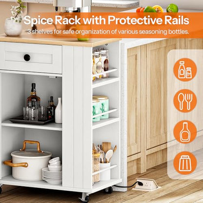 HOOBRO Kitchen Island on Wheels, Kitchen Island Cart with Power Outlet, Kitchen Storage Island with Spice Rack and Drawer, Island Table for Kitchen & Dining Room, White and Natural WN36UZD01