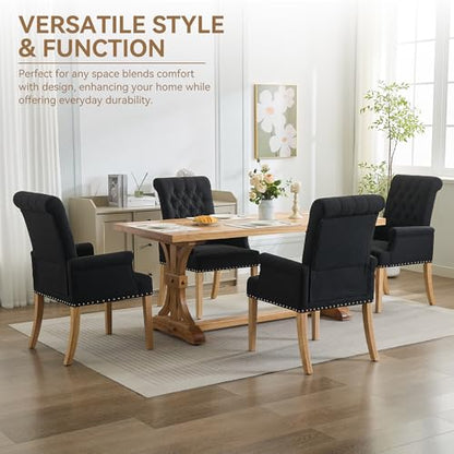 WUTUTUEE Fabric Dining Chair with Arms, Upholstered Tufted High Back Dining Room Chairs, Accent Armchair with Solid Wood Leg and Nailhead Trim, Kitchen Dining Living Room, Black - color: Black, size: 1 PC