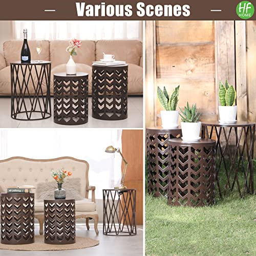 HFHOME Round Nesting Coffee Tables, Set of 3 End Tables for Living Room Balcony Office, Heavy Duty Metal Stacking Side Tables for Home Indoor - Brown - color: Classic Brown