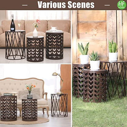 HFHOME Round Nesting Coffee Tables, Set of 3 End Tables for Living Room Balcony Office, Heavy Duty Metal Stacking Side Tables for Home Indoor - Brown - color: Classic Brown