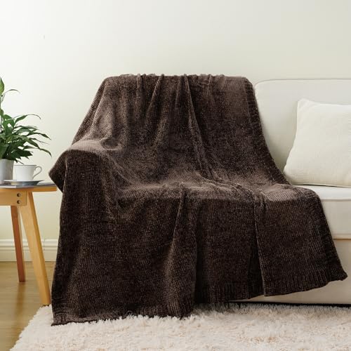 Dark Brown Throw Blanket for Couch, Soft Chenille Throw Blanket 51"x67" | Shiny Chenille Blanket, Cozy Brethable Knit Throw Blanket for Bed Sofa Home Decor - color: Brown