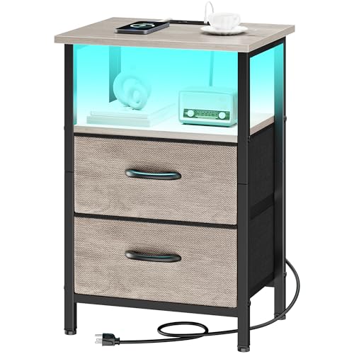 Nightstand with Charging Station, LED Night Stand with 2 Fabric Drawers, Bedside Table with Storage Shelf, 24.2" Tall Bed Side Table with USB Ports and Outlets for Bedroom, Greige - color: Greige, size: 1 Piece, style: With LEDs