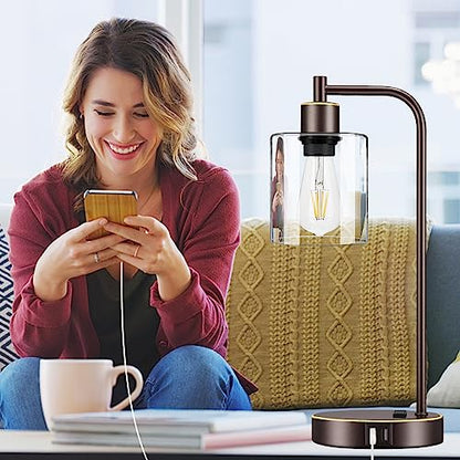 Industrial Touch Table Lamps Set of 2 - Bedside Lamps with 2 USB Ports & AC Outlet, 3-Way Dimmable Nightstand Desk Lamp for Bedroom Living Room, Glass Shade & 2 LED Bulbs Included - Oil-Rubbed Bronze - color: Oil-Rubbed Bronze with Gold Edge