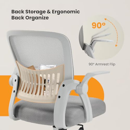 Sweetcrispy Computer Desk Chair, Home Office Chair, Lumbar Support | Flip Up Armrest, Adjustable Height, 360° Swivel Wheels, Ergonomic Mesh Mid-Back, Comfy Arms Bedroom Study - color: Grey, size: 23.22 Inch