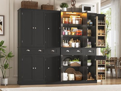 71"H Tall Kitchen Pantry Cabinet with LED Lights,39"W Modern Large Kitchen Hutch Cabinet w/6 Door Shelves,2 Large Drawer,Freestanding Food Pantry w/Adjustable Shelves for Kitchen,Dining Room,Black - color: Black