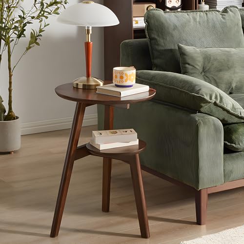 Side Table, 2-Tier Round End Tables Living Room, Mid Century Modern Side Table, Round Nightstand, Oak Accent Table, Small Round Coffee Table, 16.54" Dia.x 23.62" H(Walnut) - color: Walnut