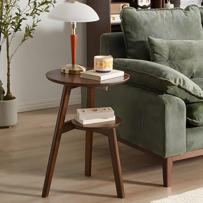Side Table, 2-Tier Round End Tables Living Room, Mid Century Modern Side Table, Round Nightstand, Oak Accent Table, Small Round Coffee Table, 16.54" Dia.x 23.62" H(Walnut) - color: Walnut